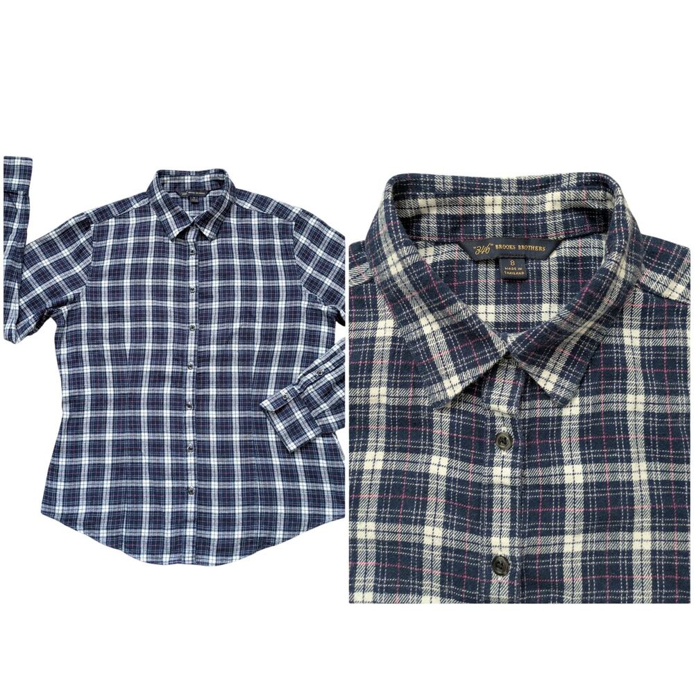 346 Brooks Brothers Plaid Button Up Shirt Women 8 Blue-White 100% Cotton Western